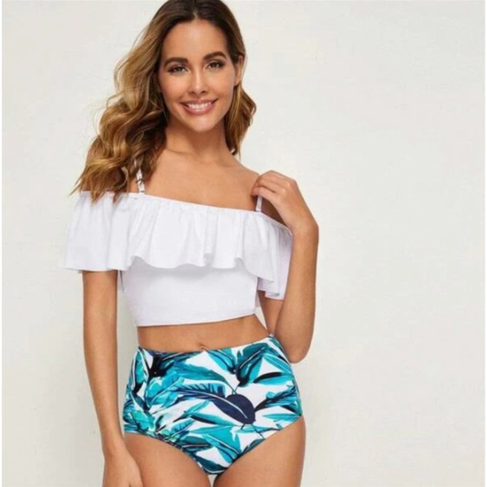 Ruffle Off Shoulder Leaf Print Bikini Set